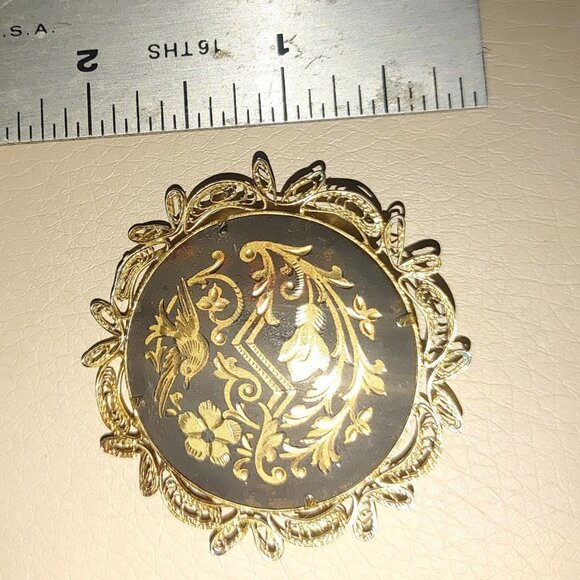 Vintage Damascene Gold Brooch Pin Enamel Floral Flower Filigree Edge Bird - Picture 6 of 10